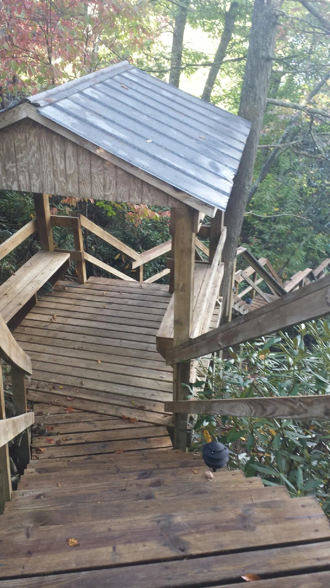 Metal roofed shelter over wooden steps on a wooded walkway — Skylight Repair & Installation work by our crew in Guatay
